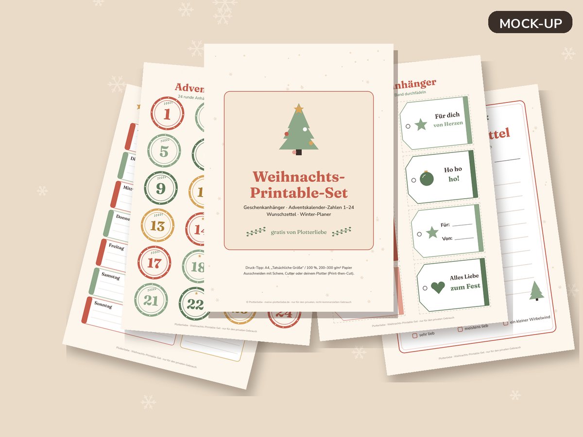 Mock-up: Seiten des Weihnachts-Printable-Sets mit Geschenkanhängern, Adventszahlen und Wunschzettel