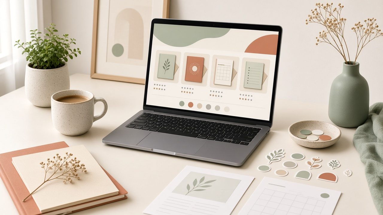 Inspirationsbild: Laptop mit Shop-Ansicht und Stickern
